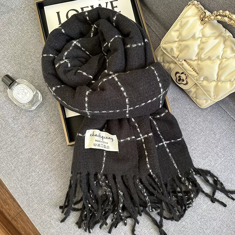 Unisex Fringe Plaid Scarf — black windowpane scarf with contrasting pale grid lines