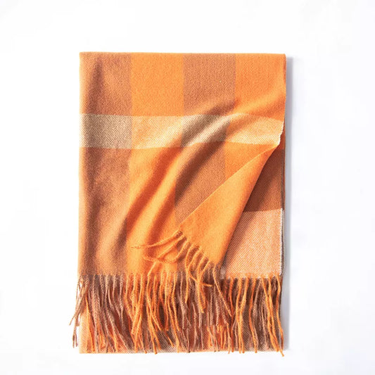 Unisex Plaid Tassel Scarf in Bright Orange - styled detail 2