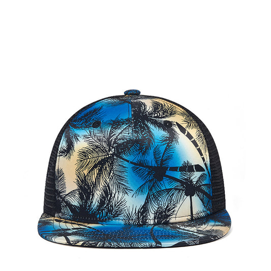Blue palm print cap showing flat brim and black mesh side