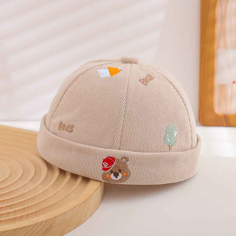 Kids Embroidered Bear Rolled Cuff Docker Caps