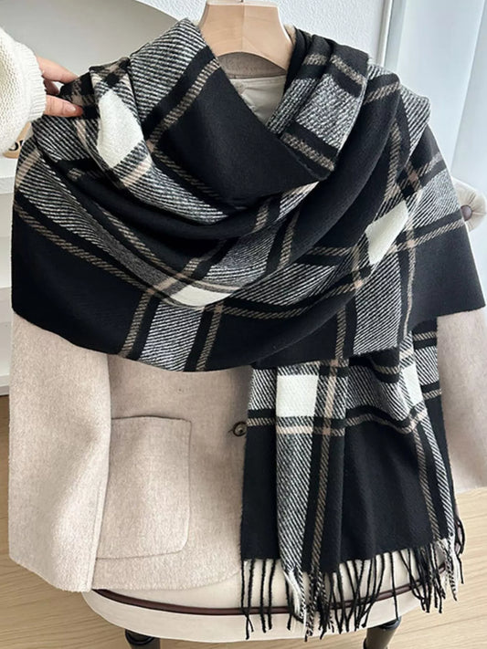Unisex Classic Plaid Pattern Tassel Winter Scarf in Black - styled detail 2