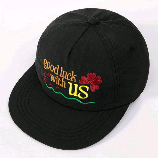 Black Good Luck baseball cap with four-leaf clover embroidery