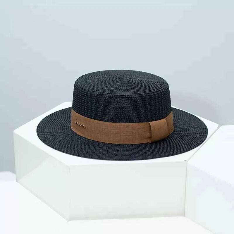 Light-Tone Straw Boater Hat with Ribbon