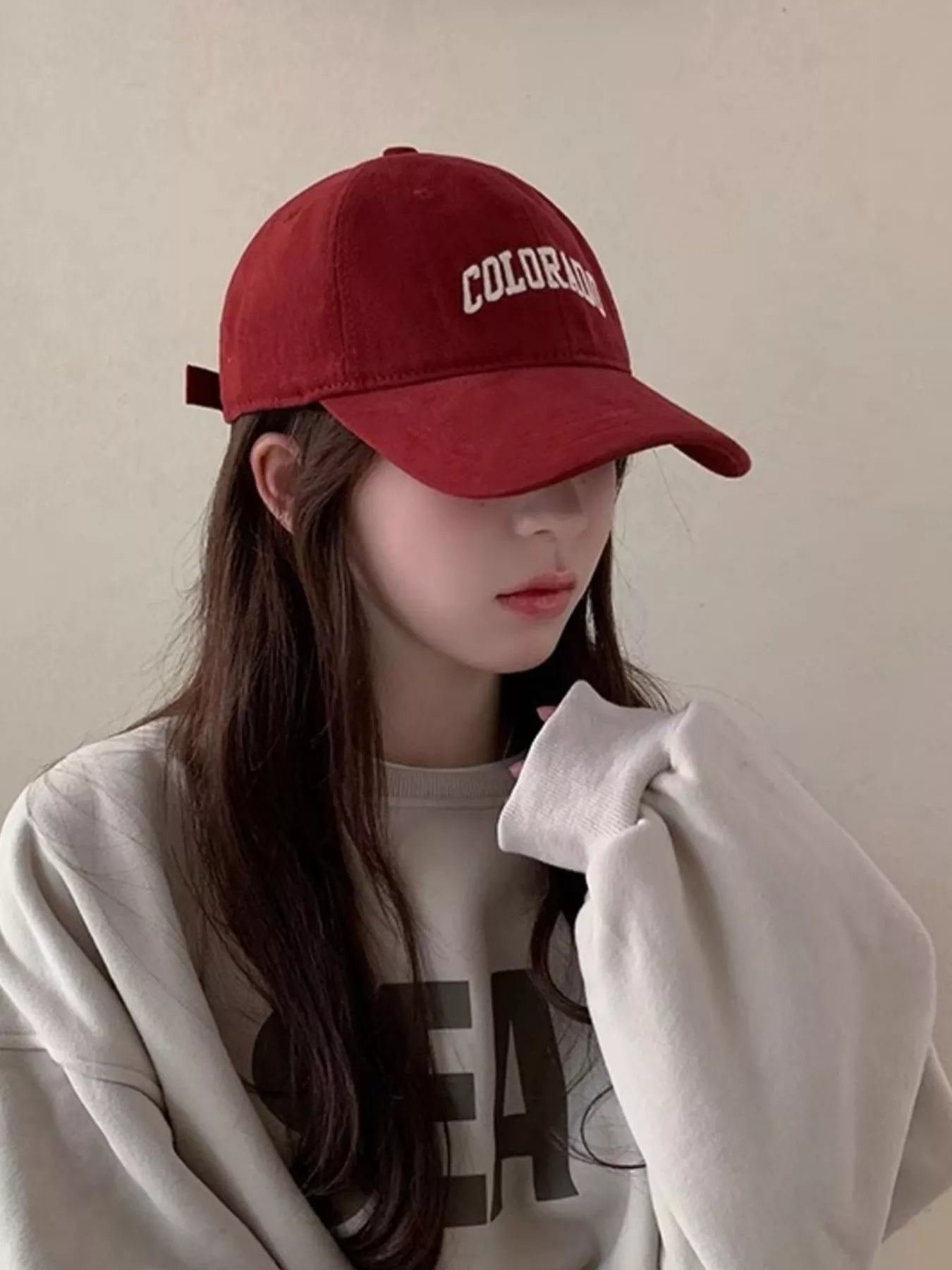Burgundy and beige casual embroidered cotton baseball cap - detail image 6