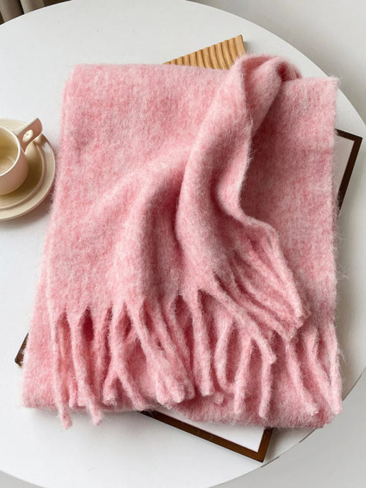 Unisex Extra Long Fringe Scarf — blush pink extra long scarf showing fringed ends