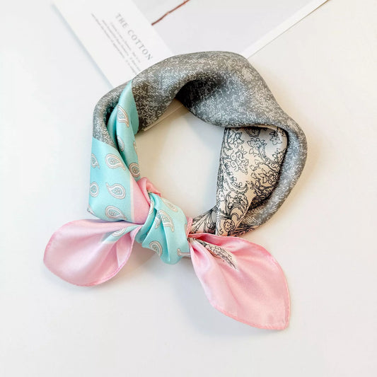 Women's Printed Silk Square Scarf in Taupe - styled detail 2