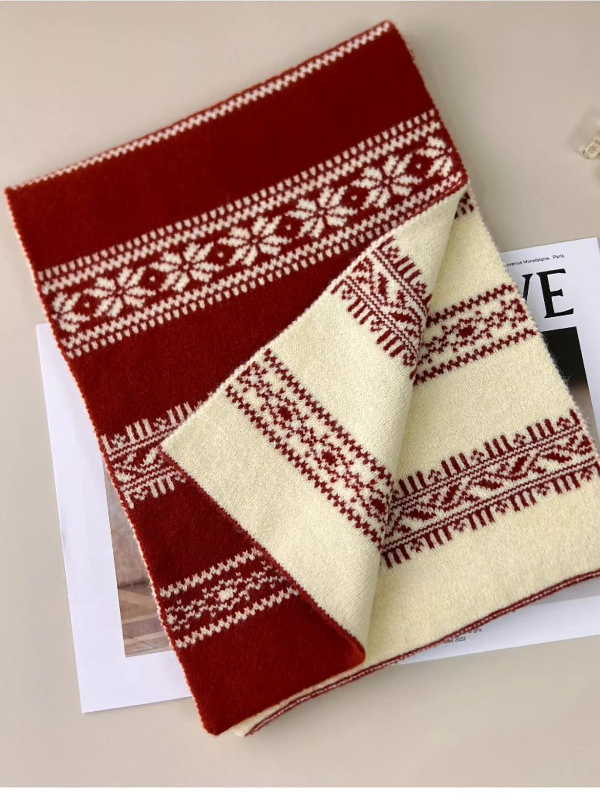 Unisex Winter Snowflake Pattern Knitted Scarf — red winter motif scarf folded to show contrasting bands