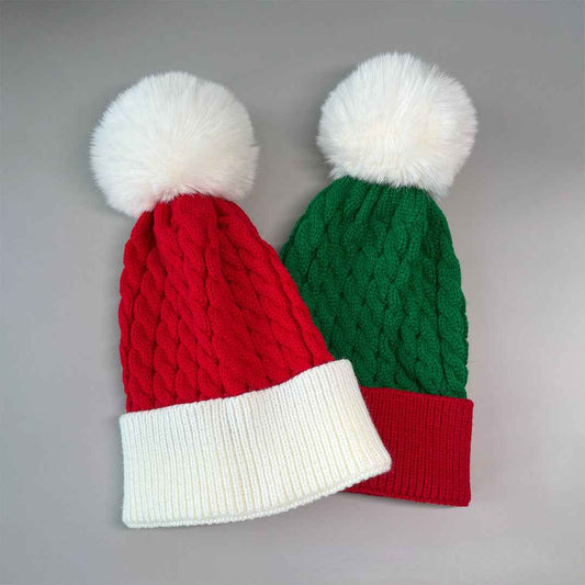 Adults & Kids Christmas Pom Pom Beanie – Red & Green Cable Knit Winter Hat