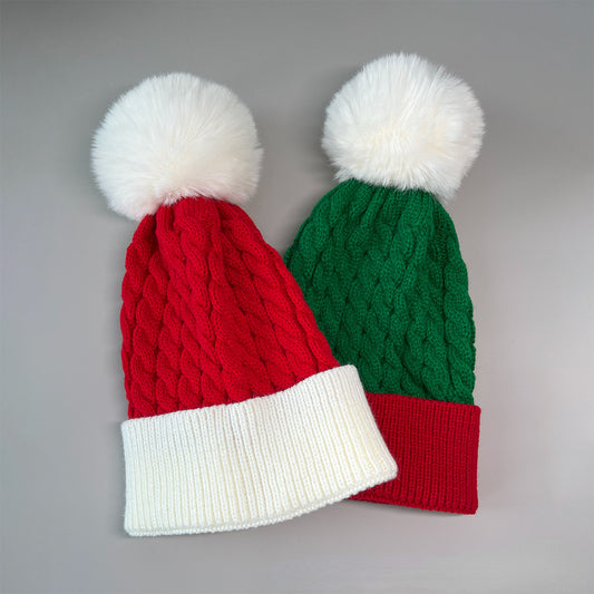Unisex Christmas Pom Pom Beanie – Red & Green Cable Knit Winter Hat - Christmas Red side angle