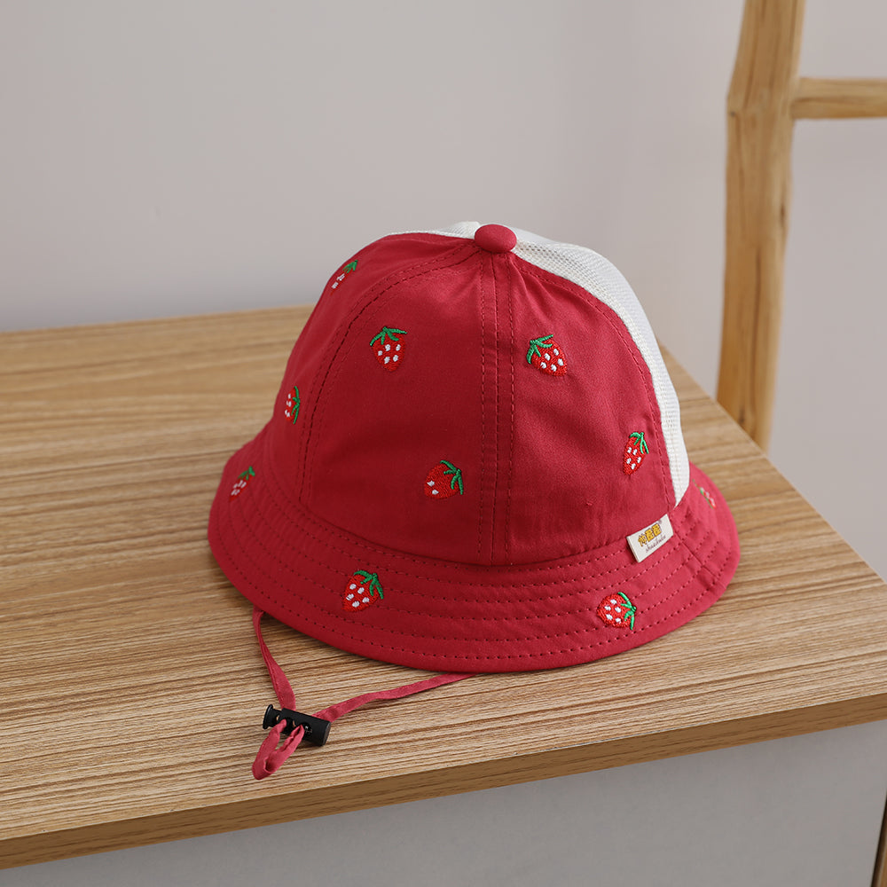 Kids Red Strawberry Embroidered Mesh Bucket Sun hat texture detail
