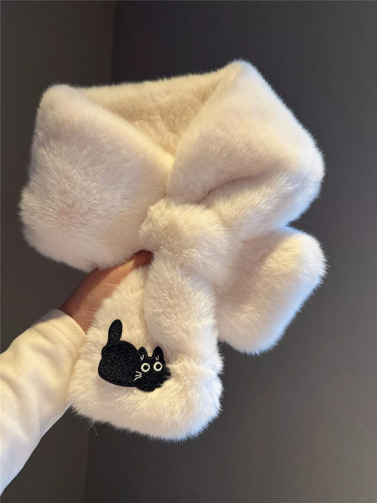 Unisex Embroidered Cat Plush Scarf — pale cat scarf with a different dark character motif