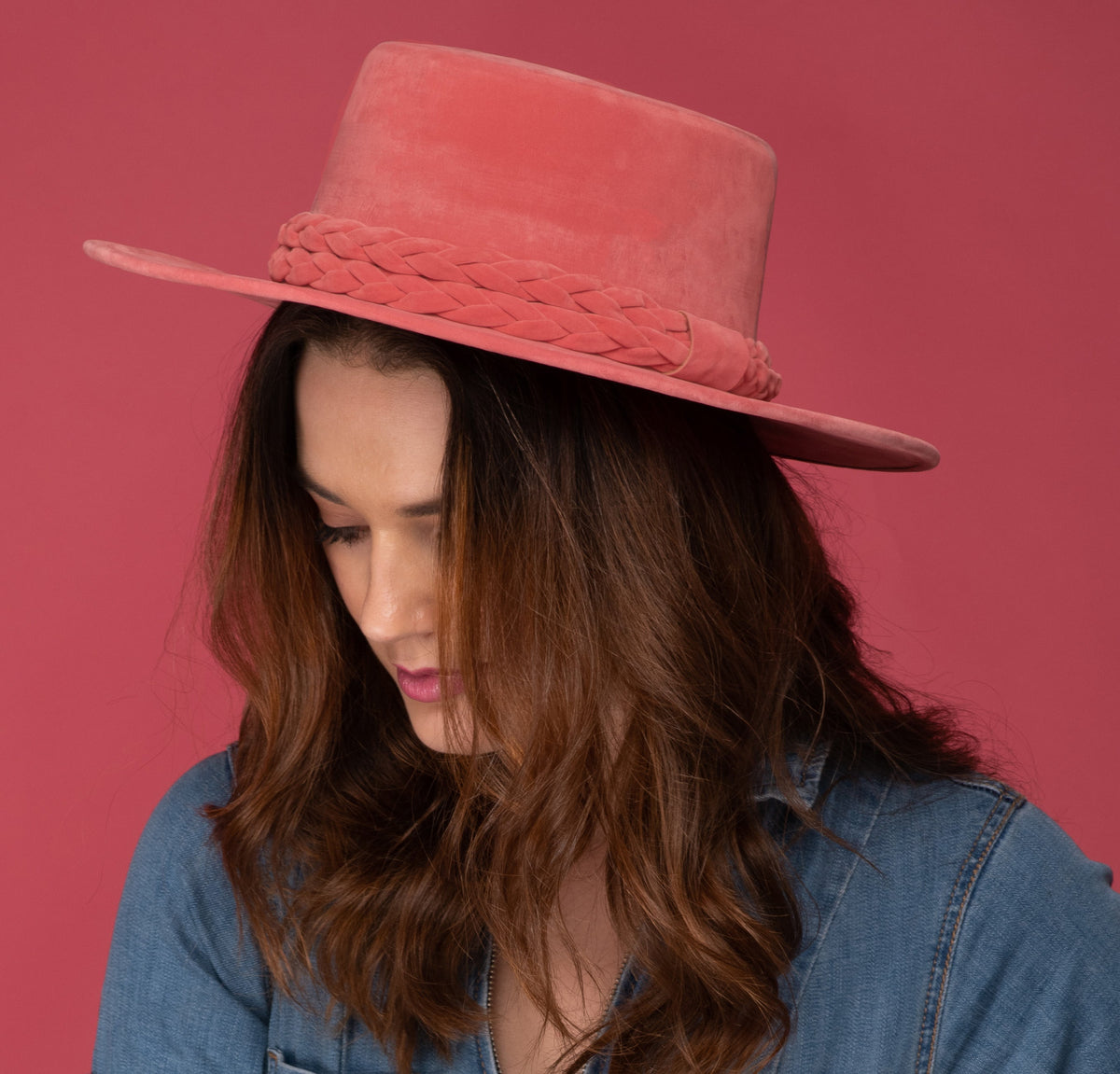 ASN Hats La Vie En Rose pink boater hat, worn by a model with a denim shirt