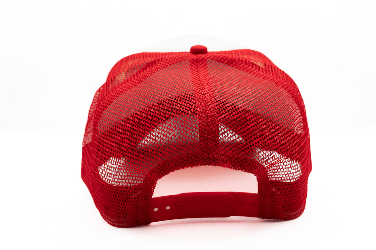 Back of the Red/White cap with red mesh panels and snapback