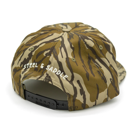 Back of the Bottomland Badge Hat showing Steel & Saddle stitching and snapback
