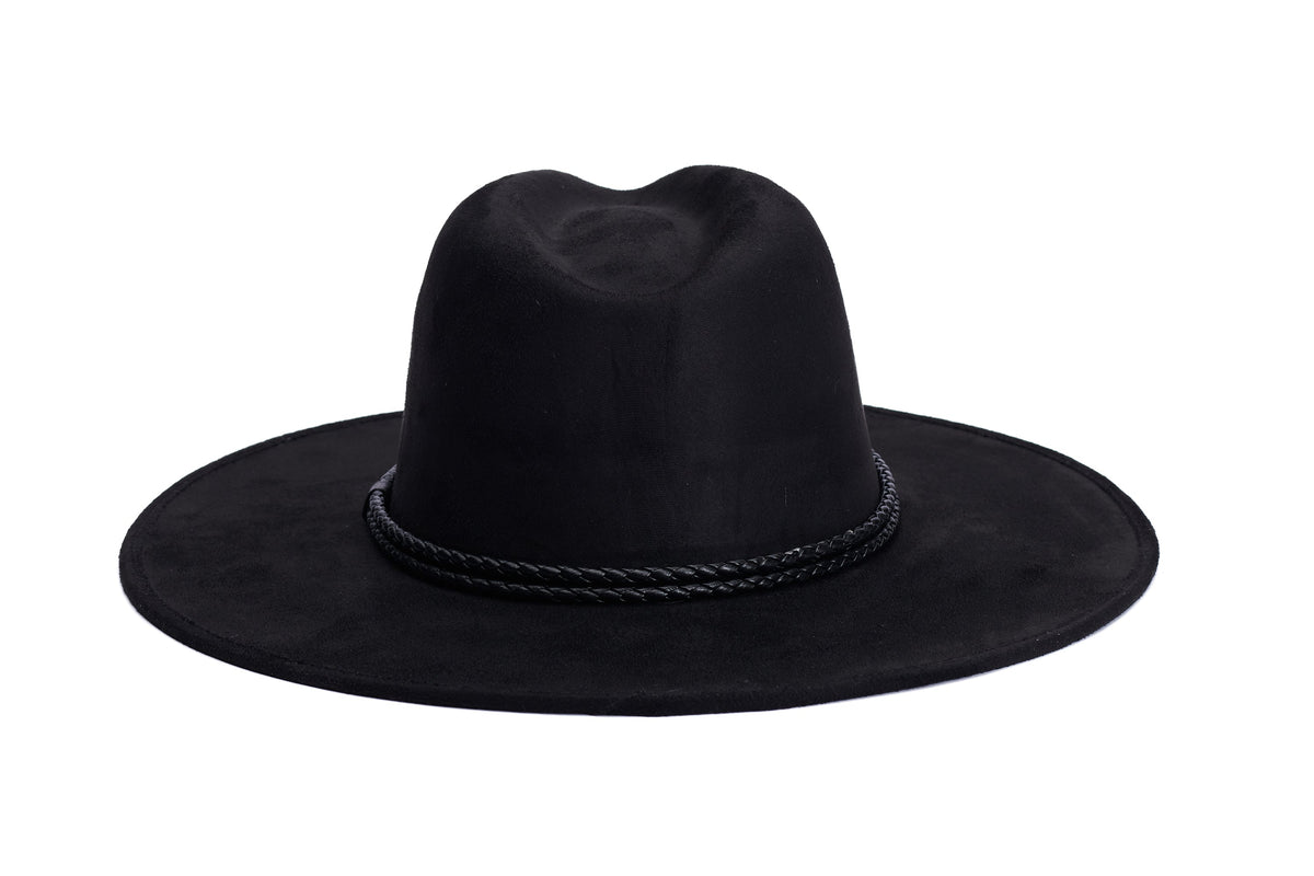 ASN Hats Eras black fedora hat, rear view showing the crown and trim