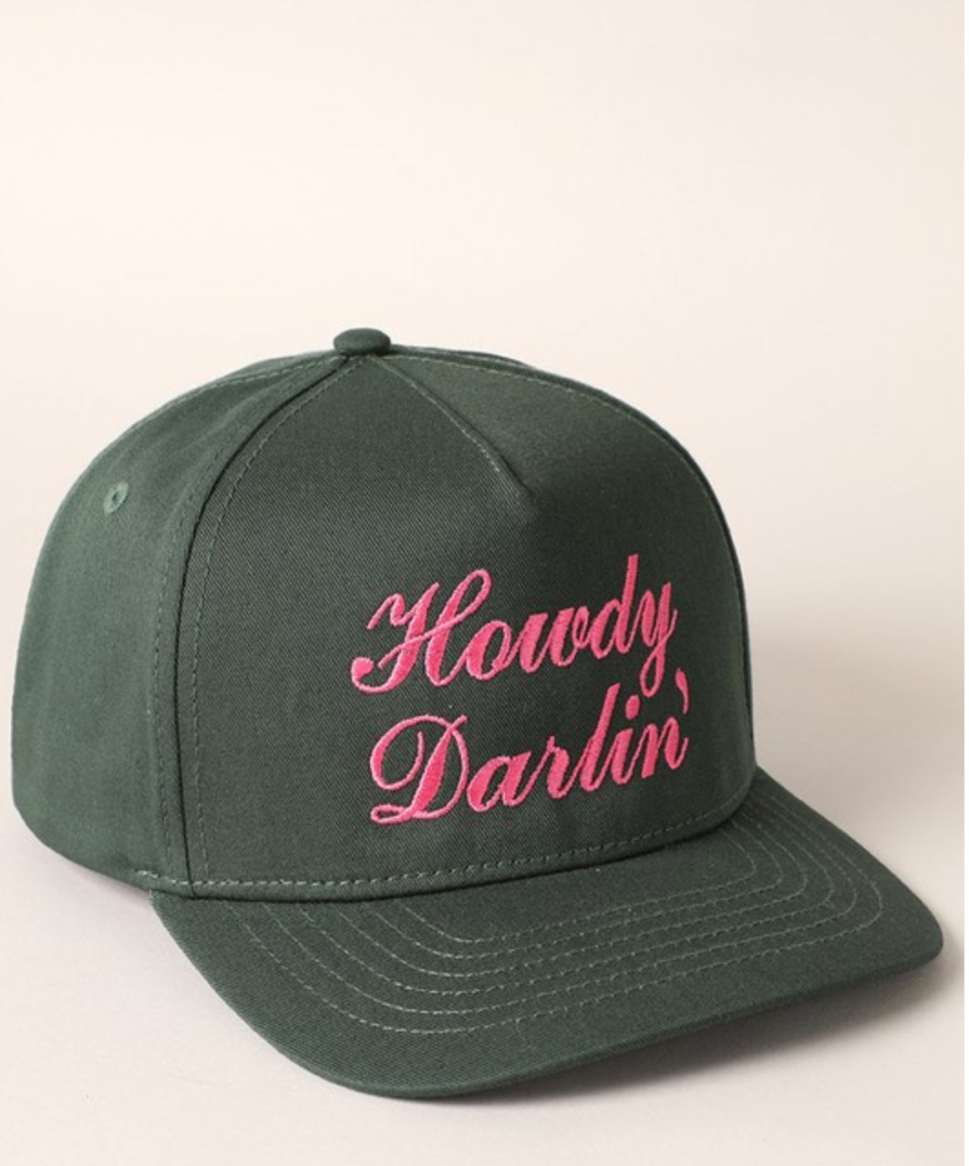 Front angled view of the dark green Howdy Darlin' embroidered cap