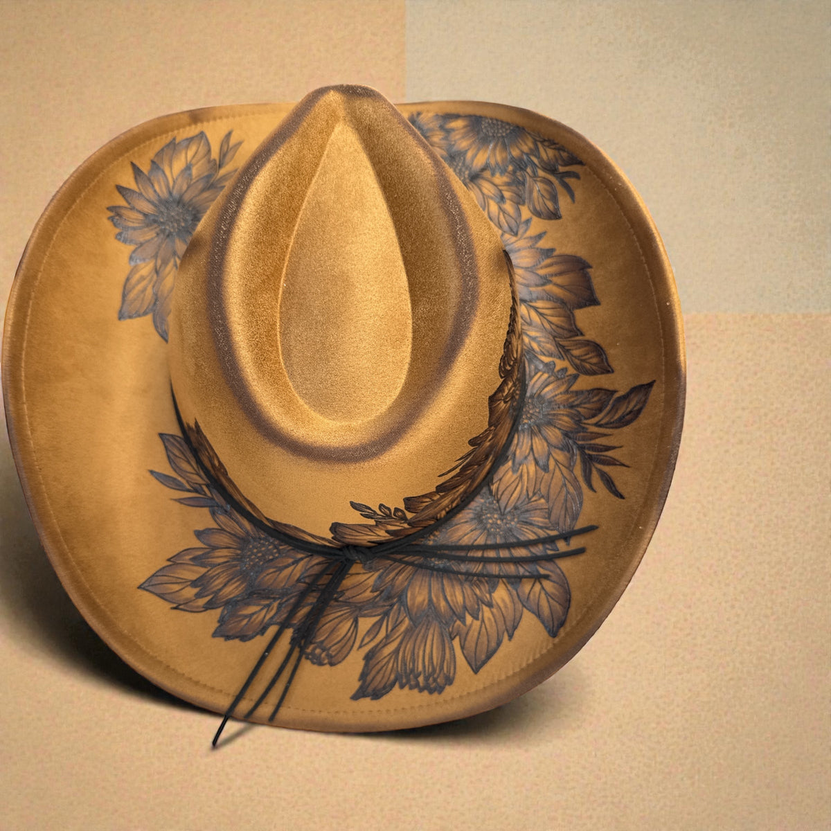 Overhead view of the She's a Sunflower hat and burned floral brim