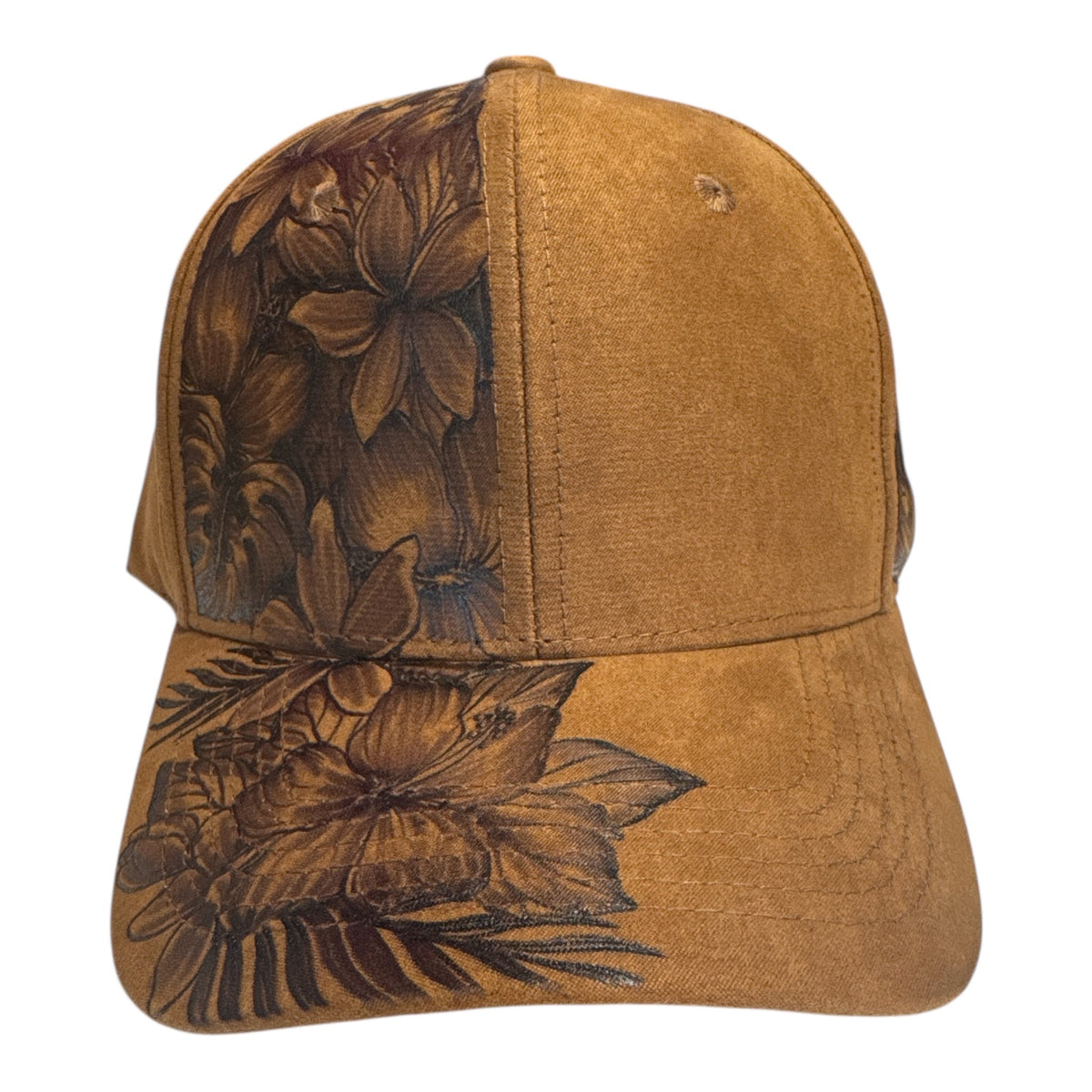 Brown Full Blooms suede cap with hibiscus and leaf artwork, front view