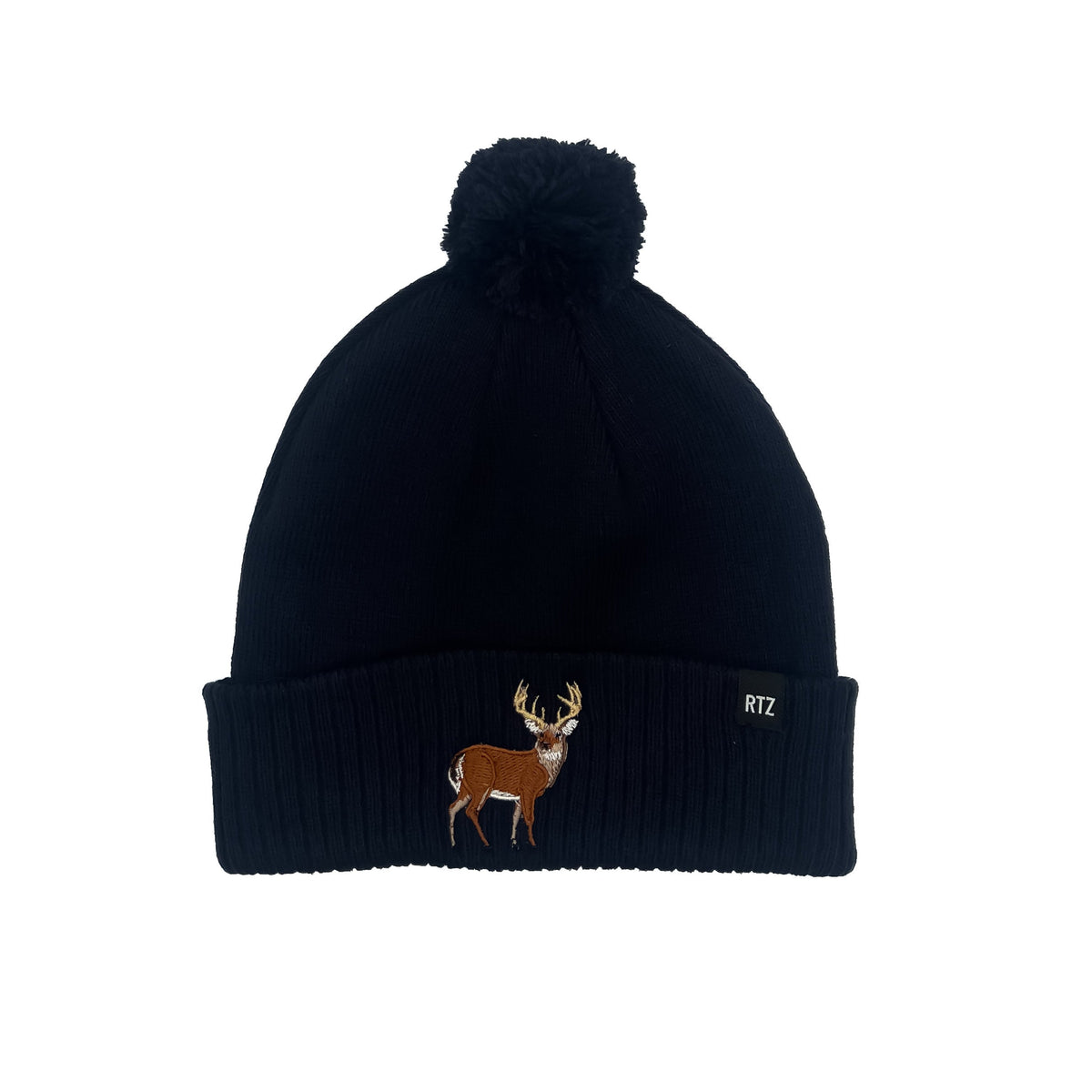 Rey To Z Buck Pom Pom Hat in Navy showing antlered buck artwork on the cuff and a pom-pom top