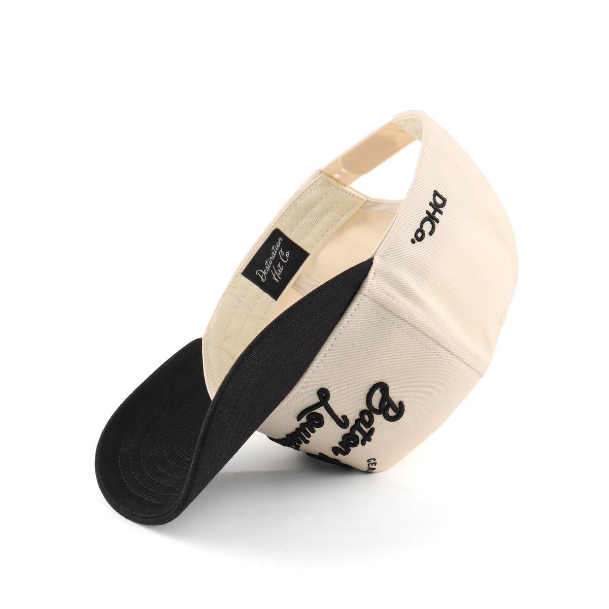 Interior view of the Destination Hat Co. Baton Rouge script cap showing the inner band and underside of the bill