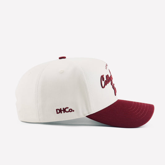 Side of the College Station Script Hat with DHCo. branding and maroon brim