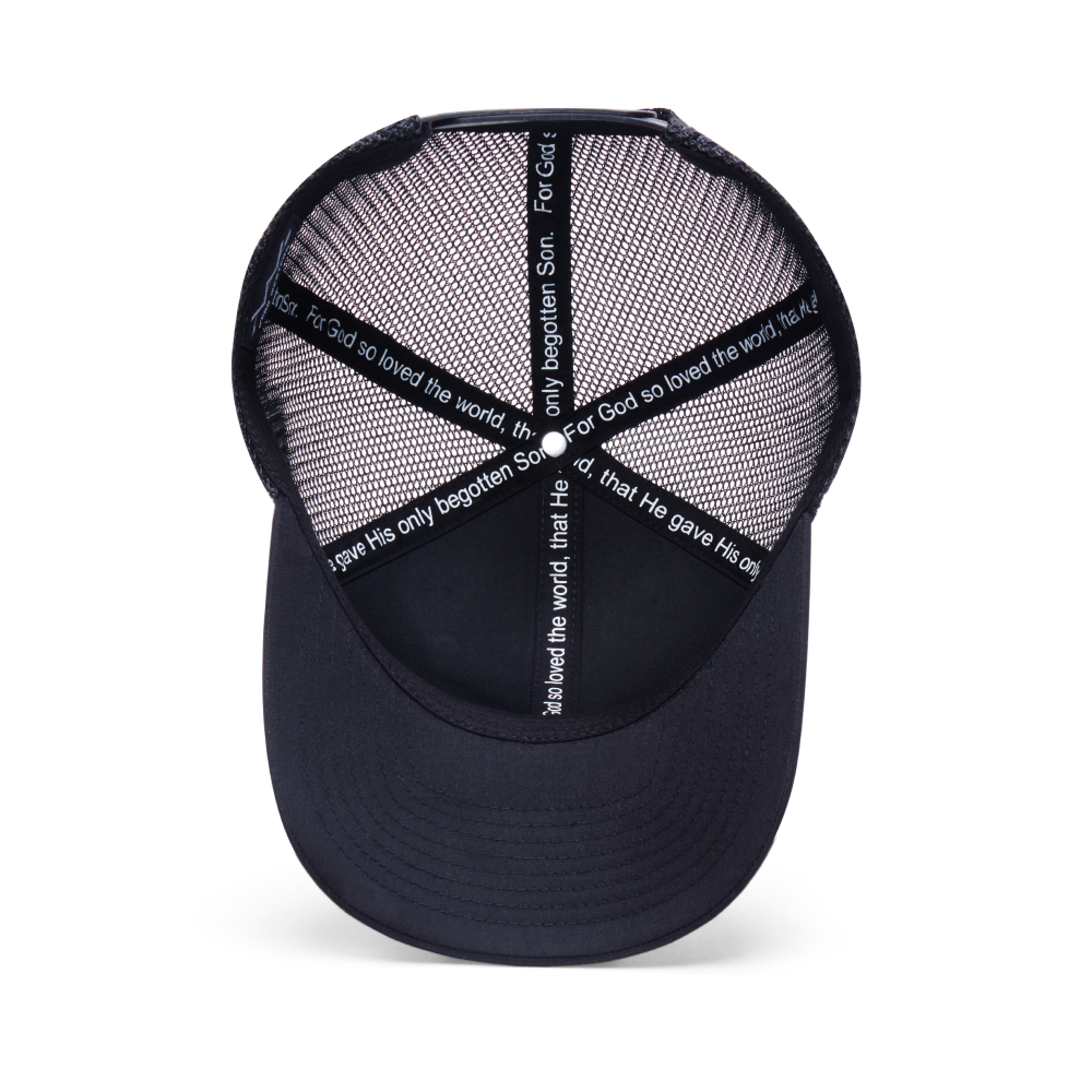 Webb Western John 3:16 (Black) cap, interior view showing the sweatband and crown seams