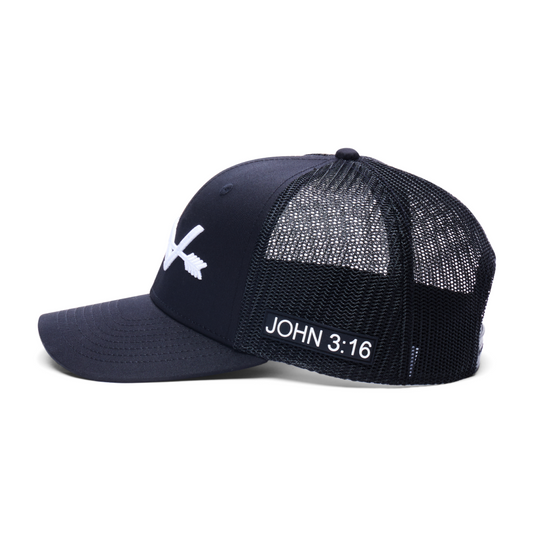 Webb Western John 3:16 (Black) cap, side profile showing the mesh back and brim