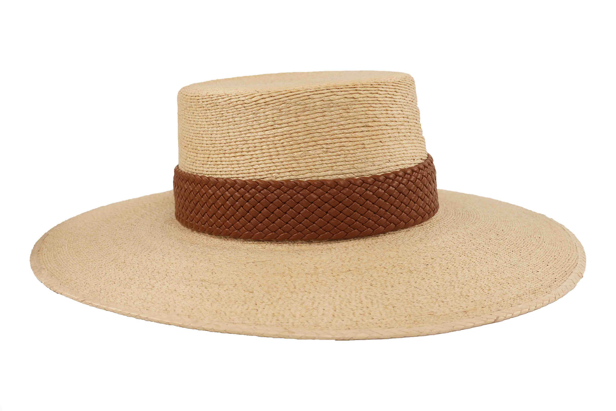 ASN Hats Lanai natural boater hat, opposite angle showing the palm-leaf weave