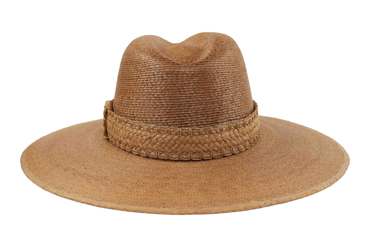 ASN Hats Ophelia tan fedora hat, rear view showing the crown and trim