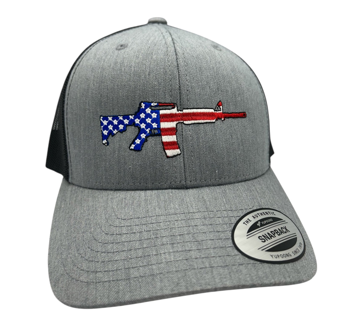 Horizon Hat Co. Patriotic AR-15 cap in heather gray and black with embroidered American flag rifle design