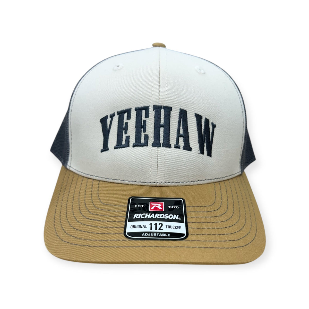 Front view of YEEHAW embroidered cap by Horizon Hat Co. in white/black/gold showing yeehaw front embroidery