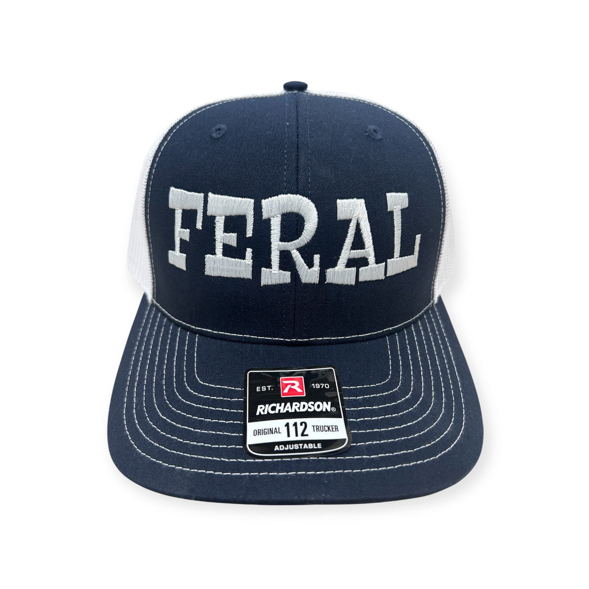 Front view of FERAL embroidered cap by Horizon Hat Co. in navy/white showing feral front embroidery