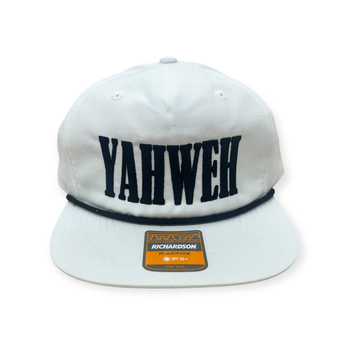 Straight-on view of Horizon Hat Co. YAHWEH embroidered Richardson 256 rope cap in Birch/Black