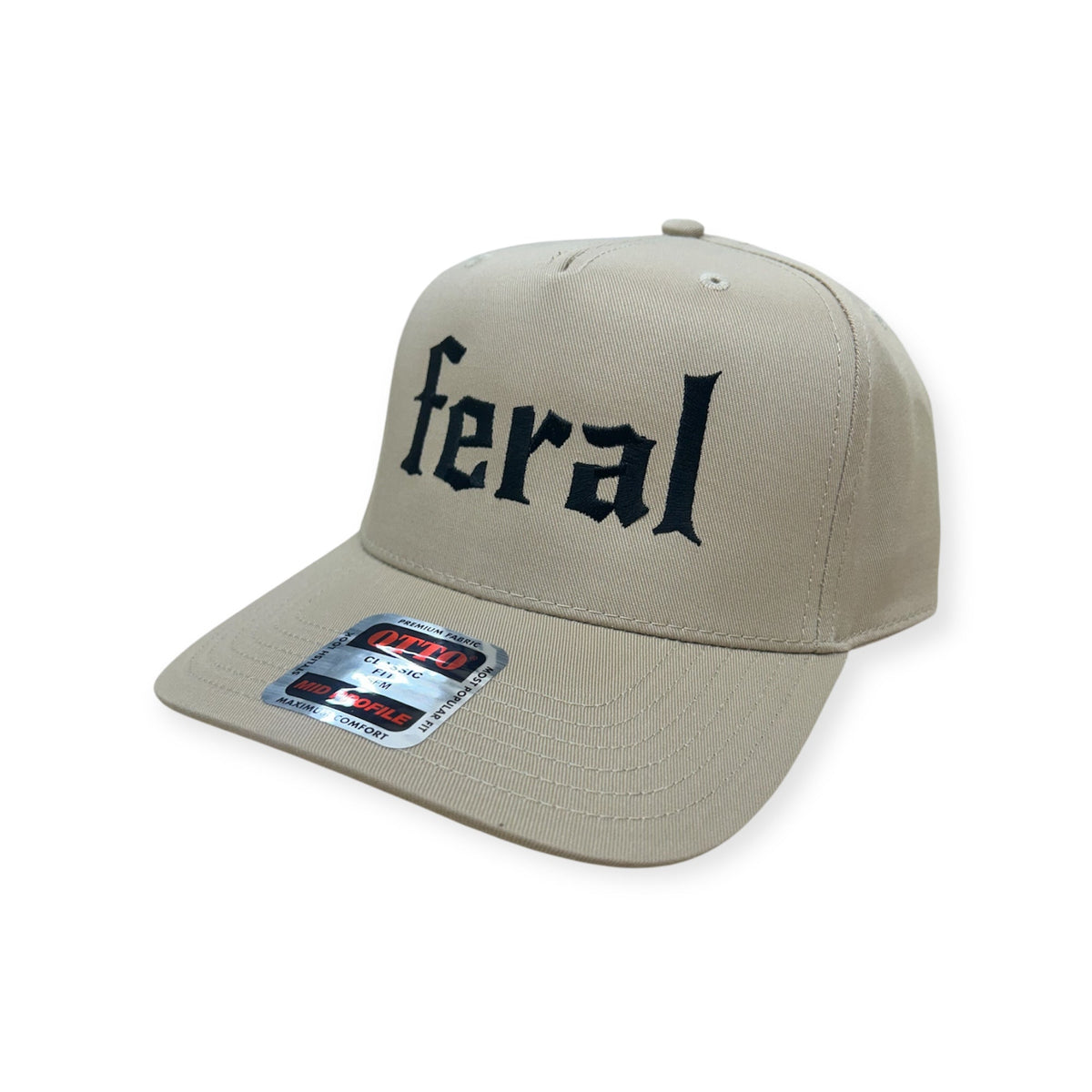 Angled view of Feral embroidered cap by Horizon Hat Co. in khaki showing the bill and side panels