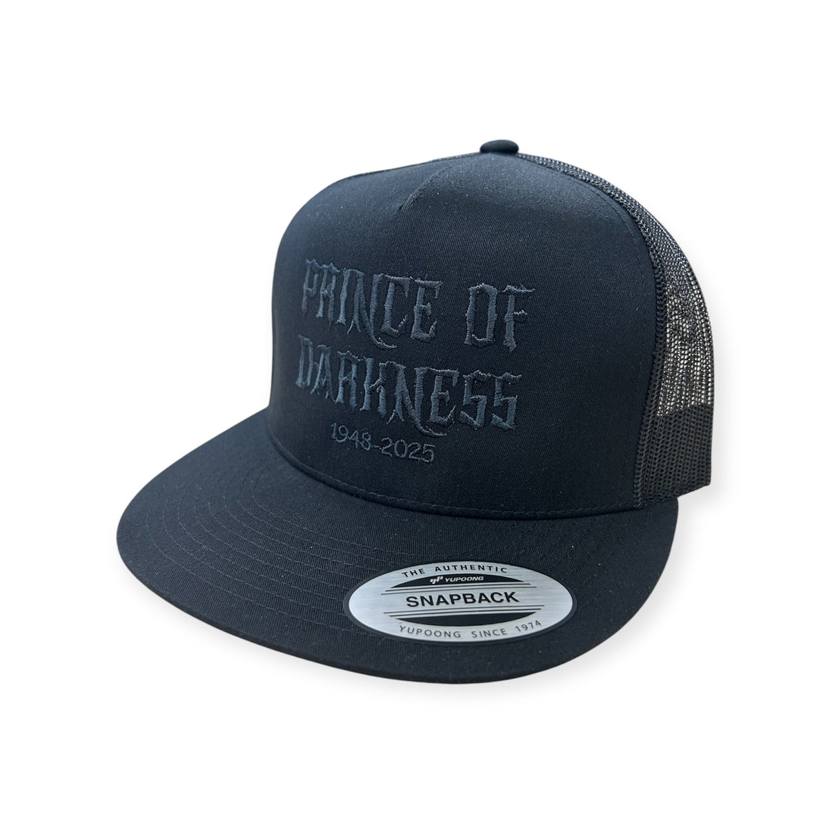 Front view of Prince of Darkness Ozzy Osbourne embroidered cap by Horizon Hat Co. in navy showing prince of darkness tribute embroidery with 1948–2025 commemorative wording