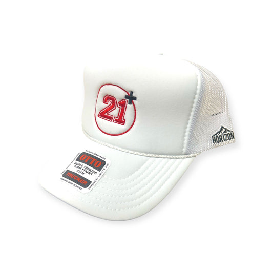 Angled view of 21+ embroidered cap by Horizon Hat Co. in white/red lettering showing the bill and side panels