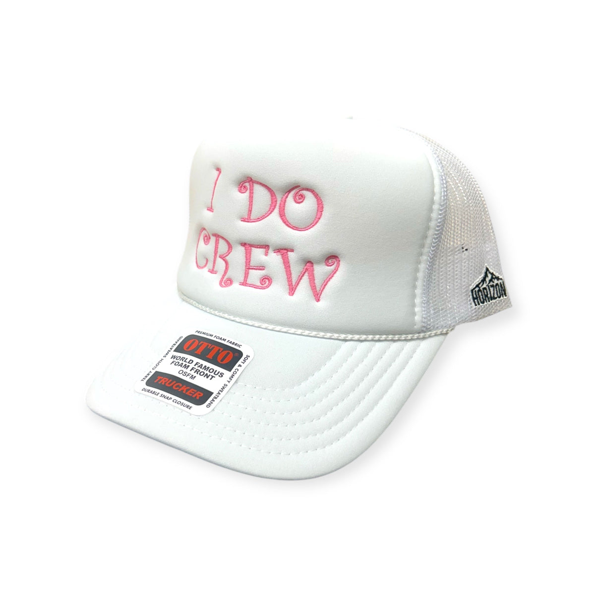 Angled view of I Do Crew embroidered cap by Horizon Hat Co. in white showing the bill and side panels