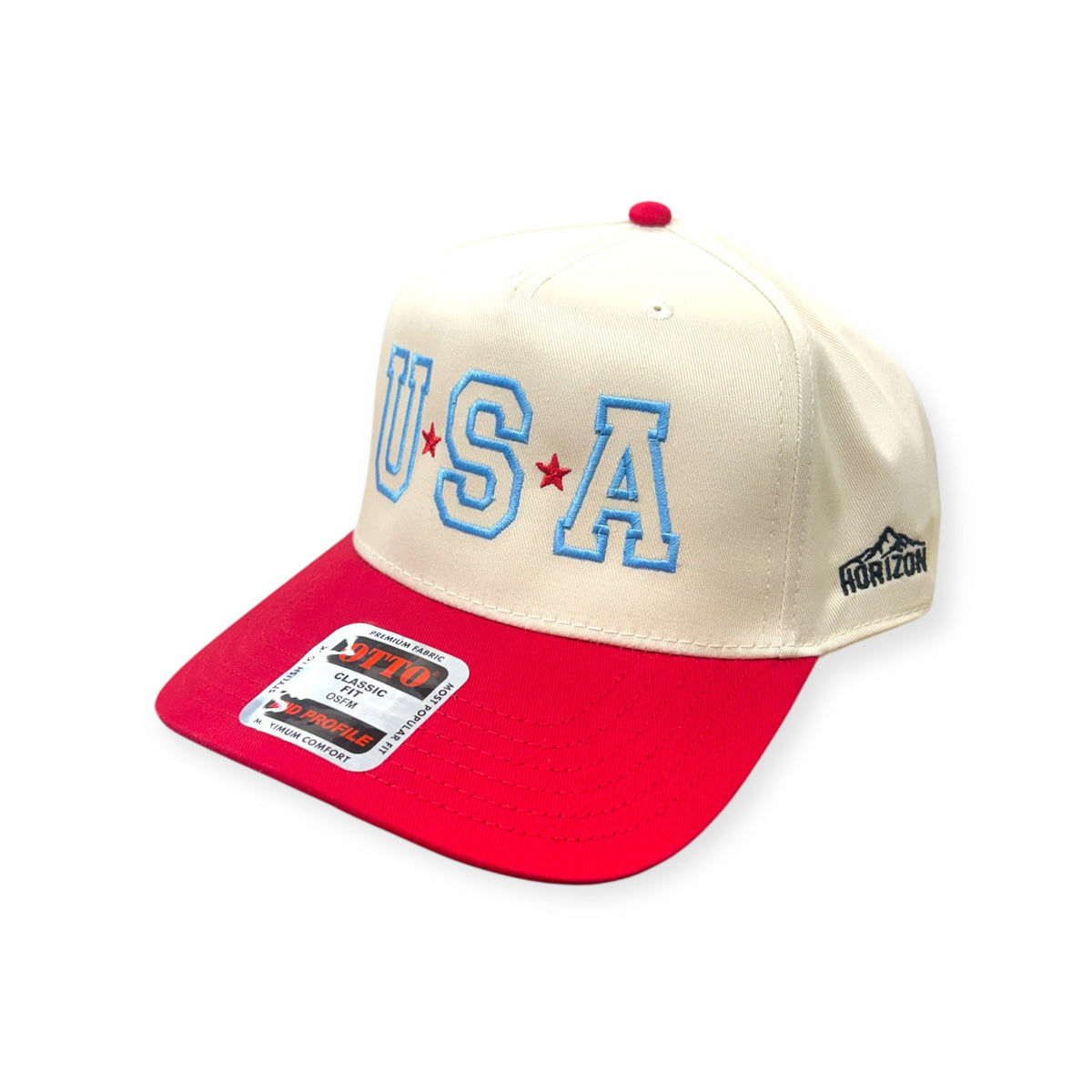 Angled view of USA embroidered cap by Horizon Hat Co. in natural/red showing the bill and side panels