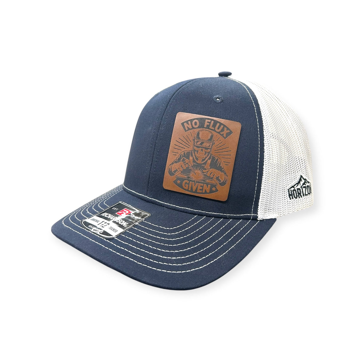 Angled view of No Flux Given patch hat by Horizon Hat Co. in navy/white showing the curved bill and side panels