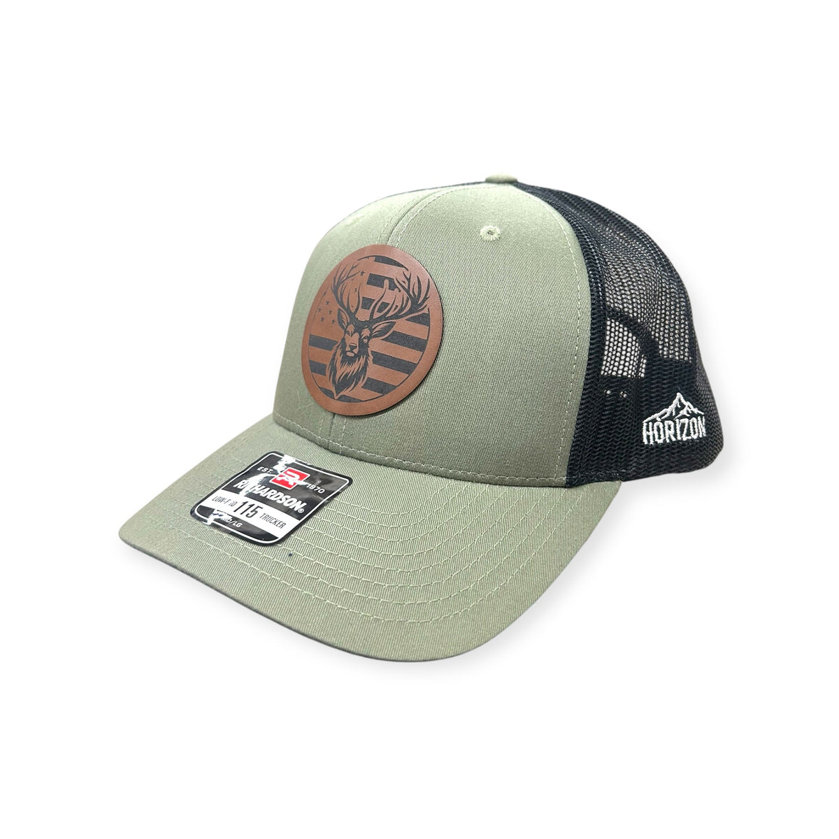 Angled view of Deer / American Flag patch hat by Horizon Hat Co. in loden/black showing the curved bill and side panels
