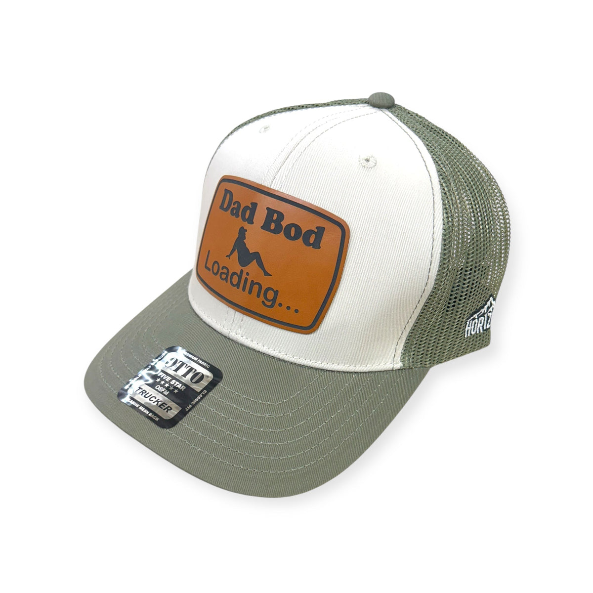 Angled view of Dad Bod Loading patch hat by Horizon Hat Co. in white/green showing the bill and side panels
