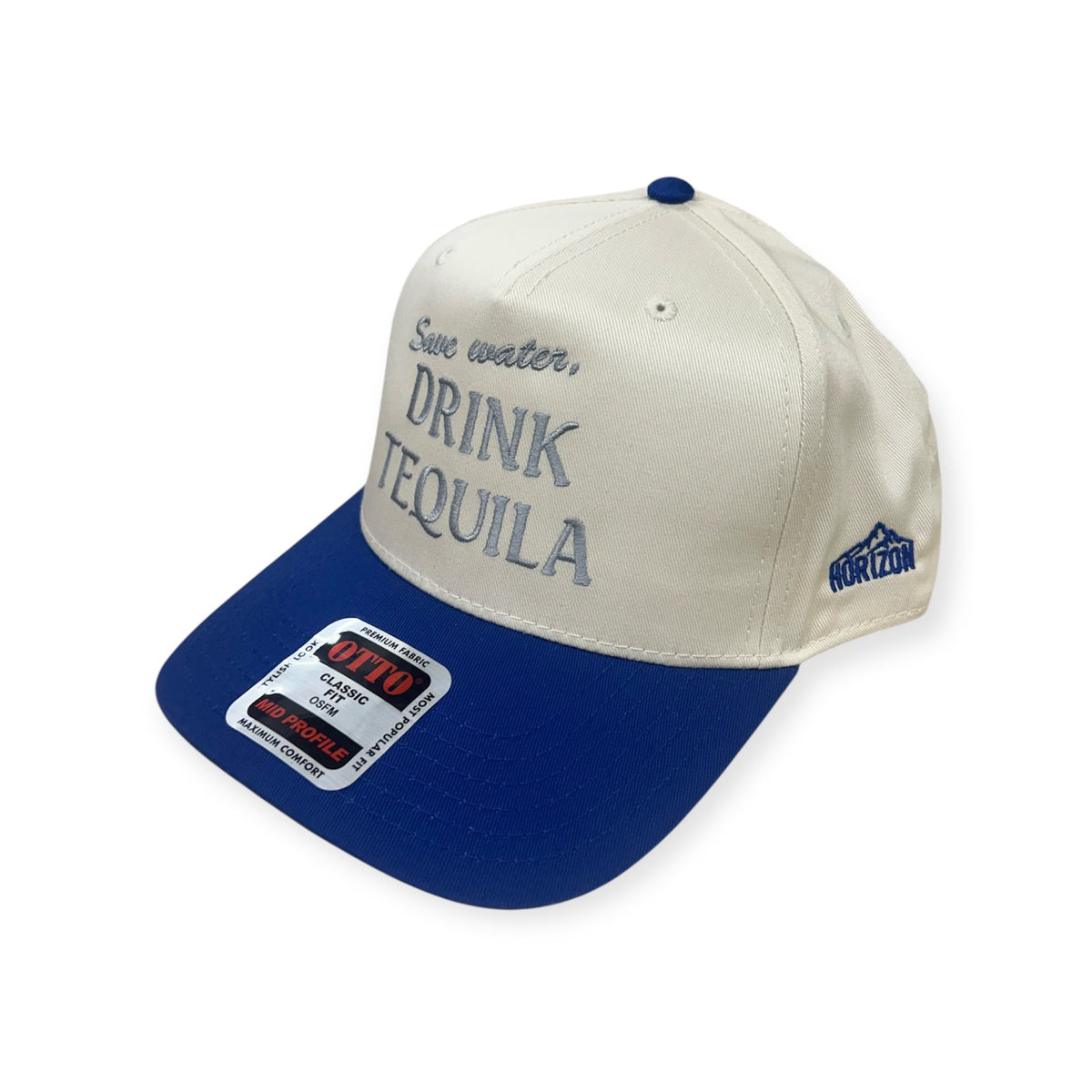 Angled view of Save Water, Drink Tequila embroidered cap by Horizon Hat Co. in natural/blue showing the bill and side panels
