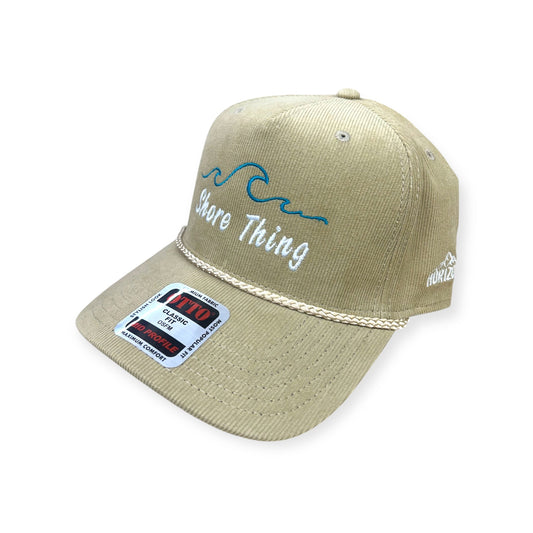 Angled view of Shore Thing embroidered cap by Horizon Hat Co. in tan showing the rope detail and side profile