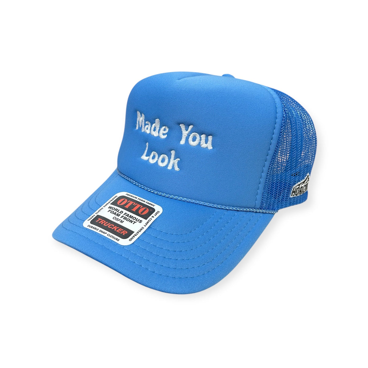 Angled view of Made You Look embroidered cap by Horizon Hat Co. in blue/white lettering showing the bill and side panels