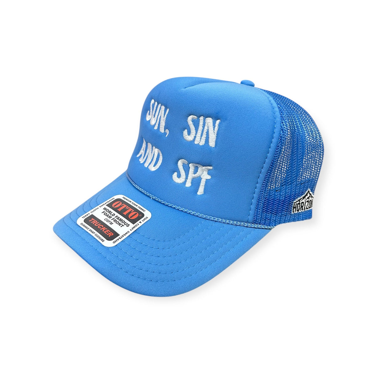 Angled view of Sun, Sin, and SPF embroidered cap by Horizon Hat Co. in blue/white lettering showing the bill and side panels