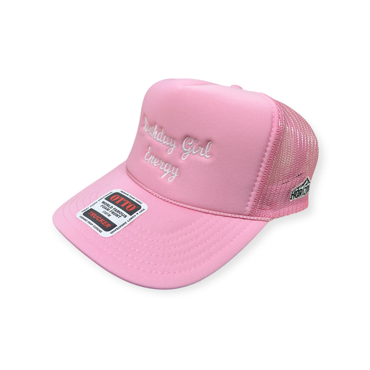 Angled view of Birthday Girl Energy embroidered cap by Horizon Hat Co. in pink/white lettering showing the bill and side panels