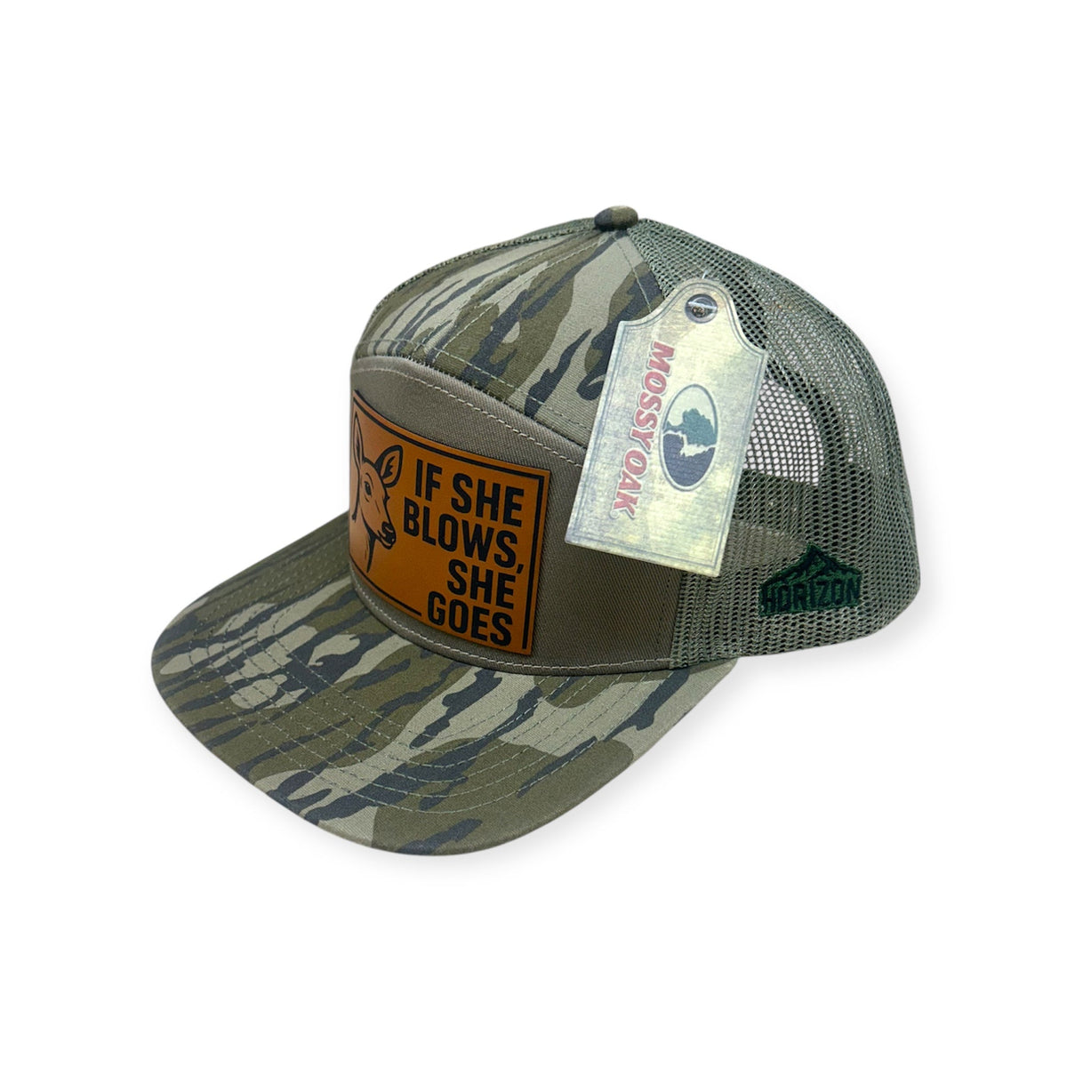 Angled view of If She Blows, She Goes patch hat by Horizon Hat Co. in camouflage showing the bill and side panels