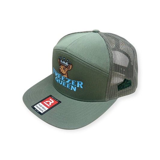 Angled view of Freezer Queen embroidered cap by Horizon Hat Co. in loden/black showing the bill and side panels
