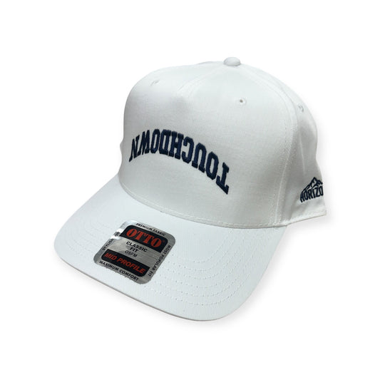 Angled view of Touchdown cap by Horizon Hat Co. in White/Navy showing upside-down touchdown front embroidery