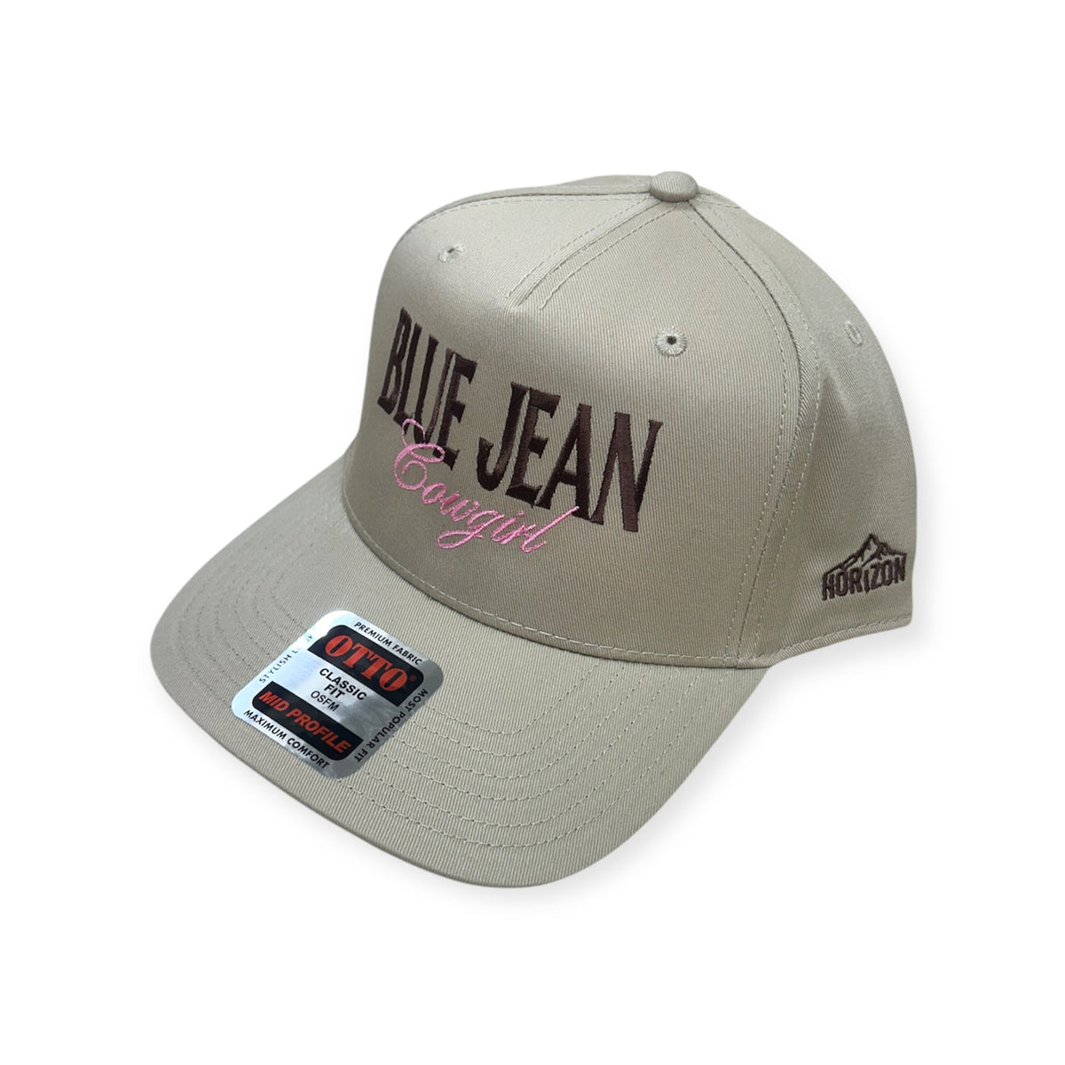 Angled view of Blue Jean Cowgirl embroidered cap by Horizon Hat Co. in khaki showing the bill and side panels
